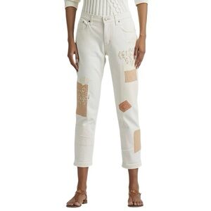 Lauren Ralph Lauren Women’s Cream Patchwork Relaxed Tapered Ankle Jeans Size 2